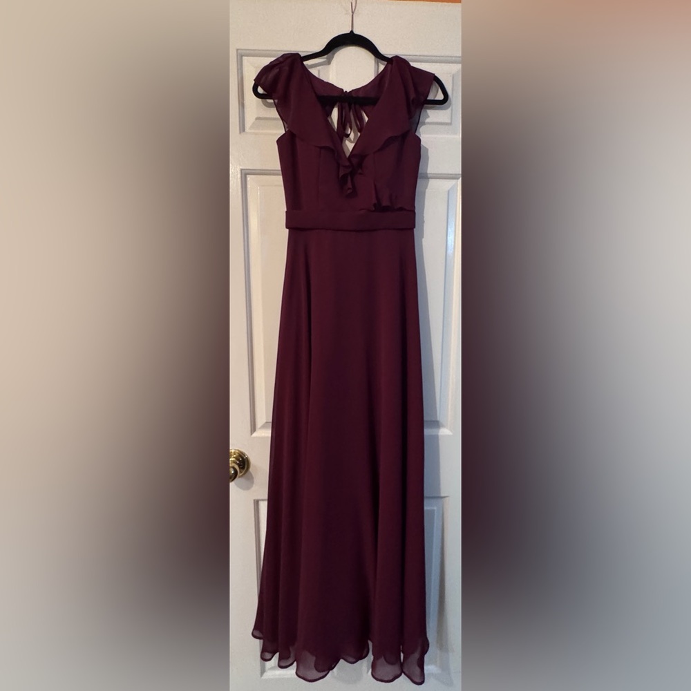 Mori lee Bordeaux Bridesmaids Dress Chiffon Ruffle V Neck Sz 4